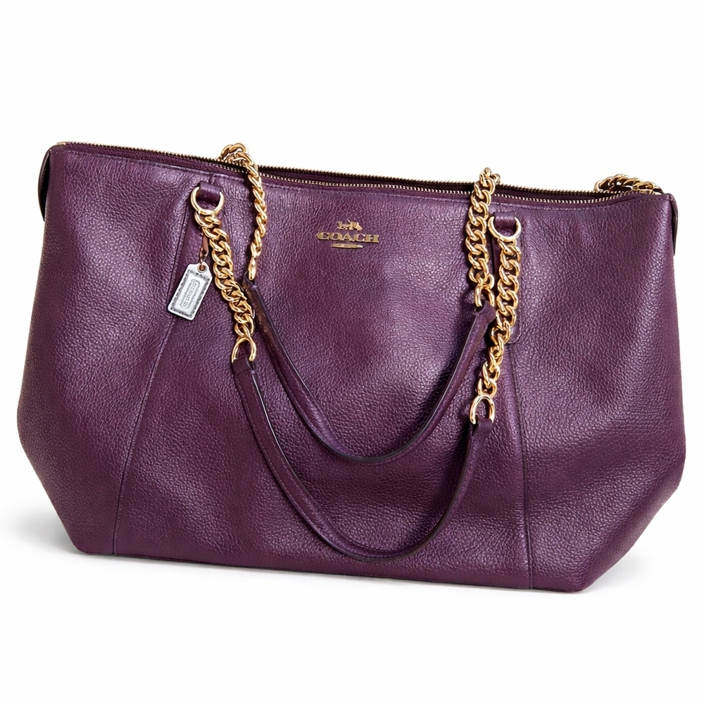Coach Plum Leather Tote with Gold Accents - Picture 2 of 6